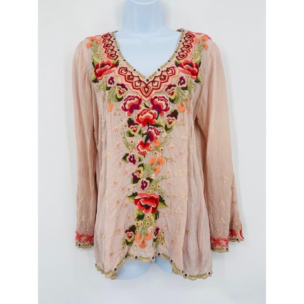 Johnny Was S pink embroidered floral long sleeve blouse